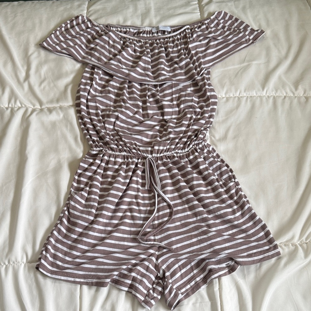 Avita Striped Off-Shoulder Romper in Taupe & White